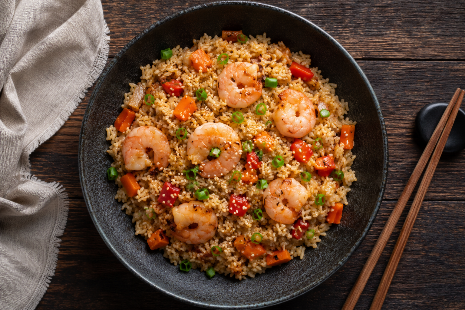 Salteado de arroz sin gluten con gambas — receta rápida en 25 minutos